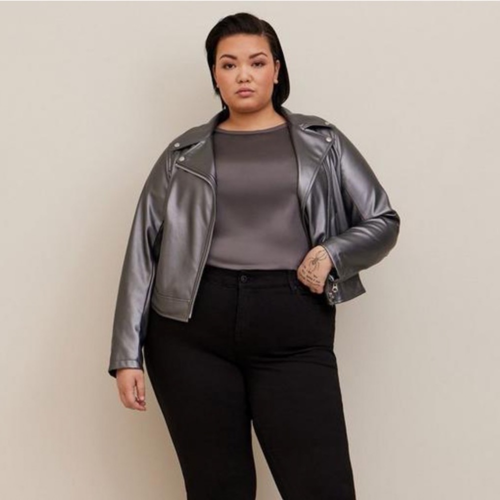Plus Size Faux Leather Moto Jacket - Metallic Gray